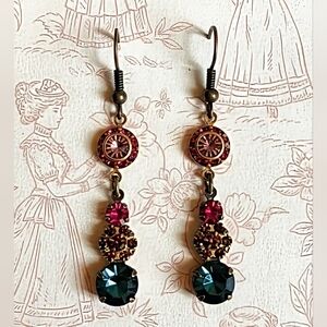 Hot Pink Fuschia Flower & Blue Swarovski Crystal In Drop Dangle Brass Earrings